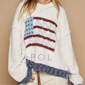 POL American Flag Oversized V Neck Long Sleeve Sweater Hoodie Size Med